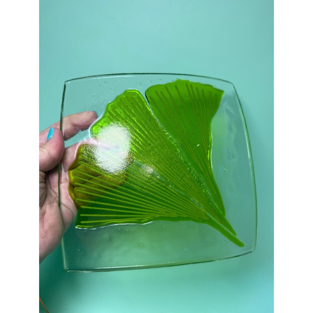 Set Fused Art Glass Plates Trinket Dish Botanical Ginkgo Biloba Leaf C Janowicz - Picture 6 of 7